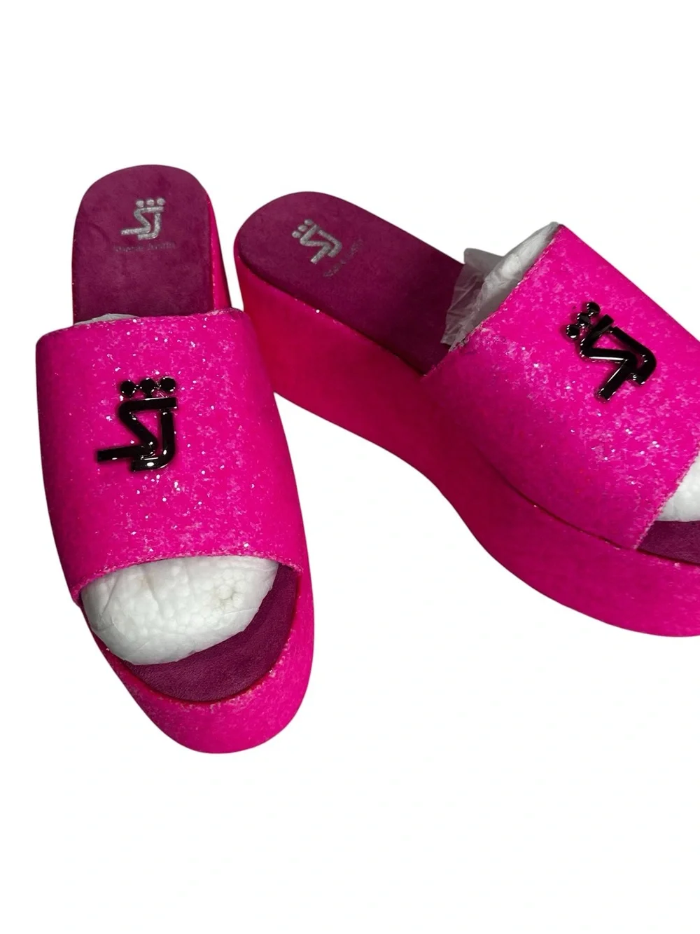 Shane Justin Neon Pink Glitter Platform Statement Summer Sandals Slides Size 42